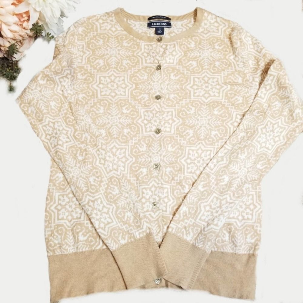 Lands' End Snowflake Button Down Cardigan Sweater